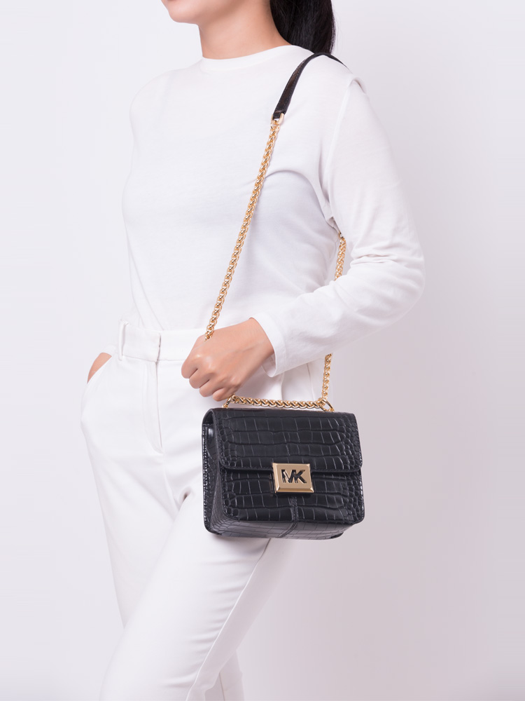 Sonia Croc Embossed Small Square Crossbody Black