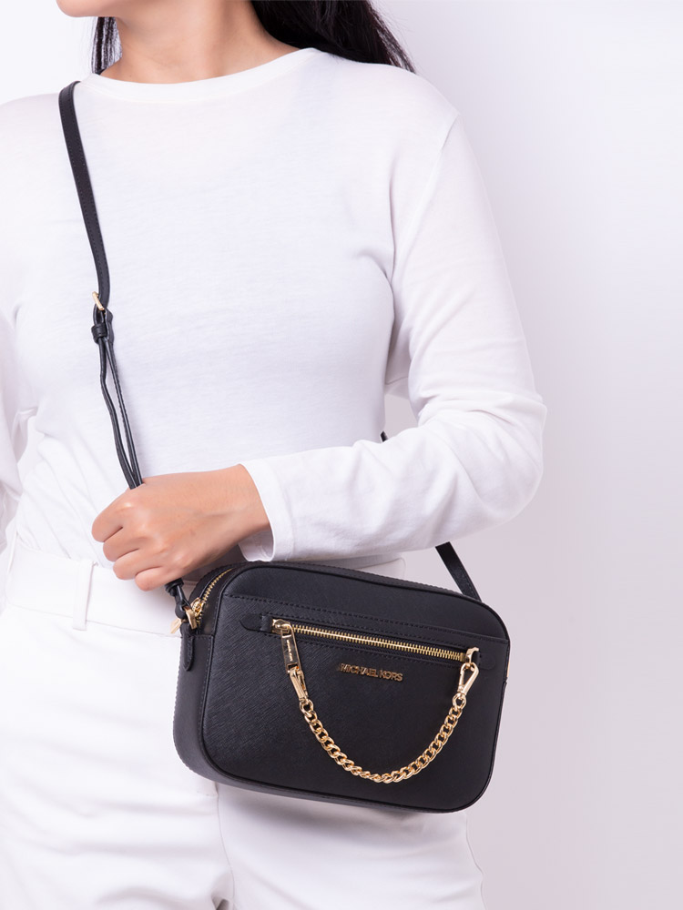 Jet Set Item Large East West Zip Chain Crossbody Black Gold
