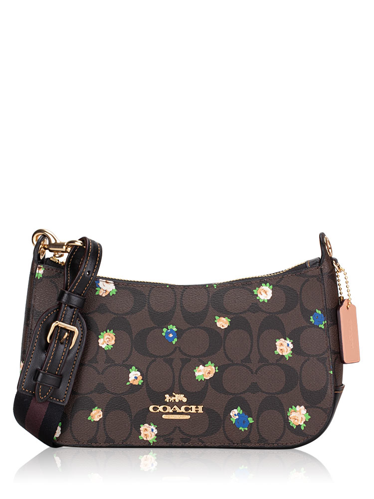 C6823 Signature Jes Baguette Vintage Mini Rose Print Crossbody Brown Black Multi