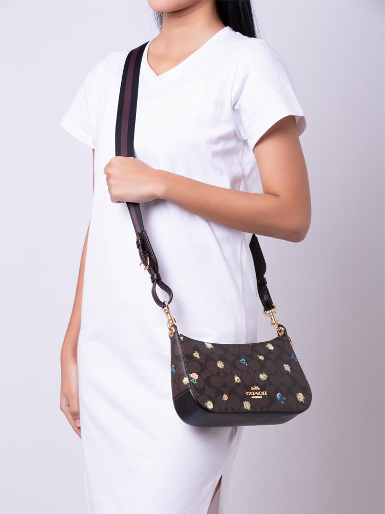 C6823 Signature Jes Baguette Vintage Mini Rose Print Crossbody Brown Black Multi