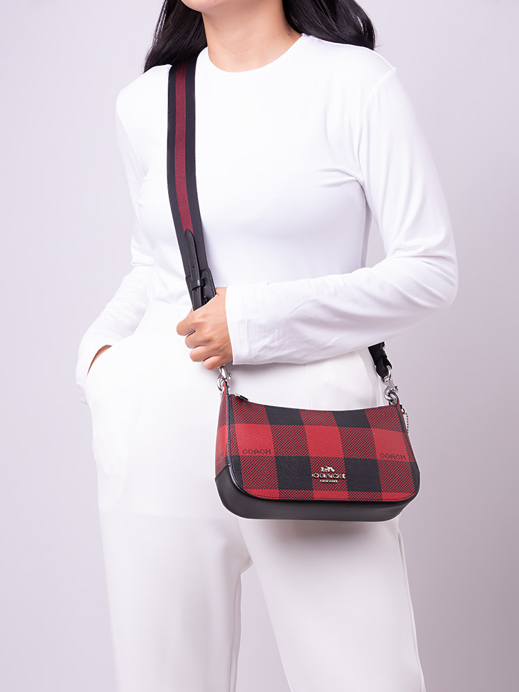 C6818 Buffalo Plaid Print Jes Baguette Crossbody Black 1941 Red Multi