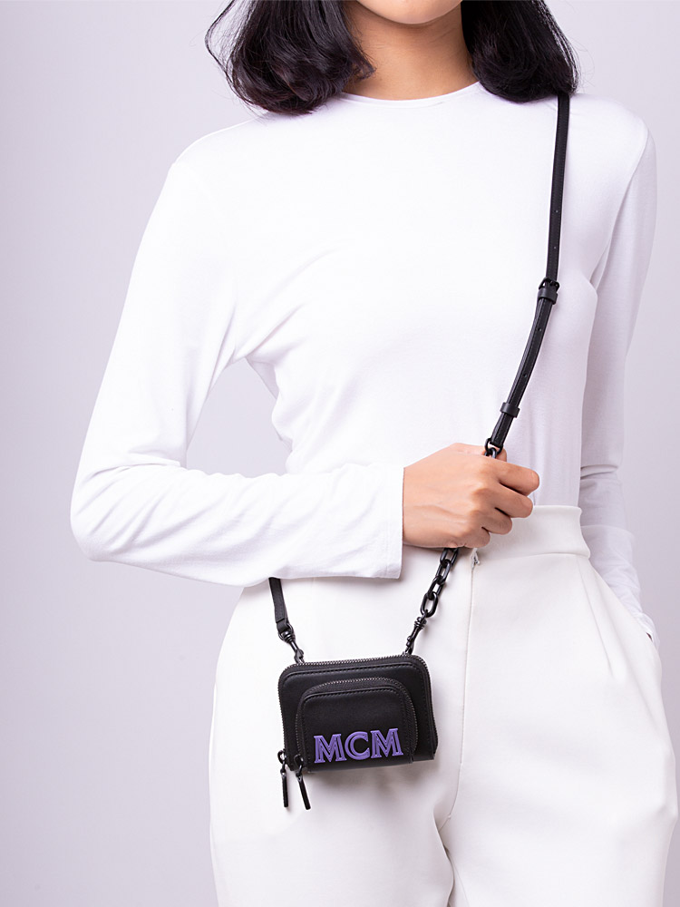 Leather Mini Zip-Around Wallet in Chain Black