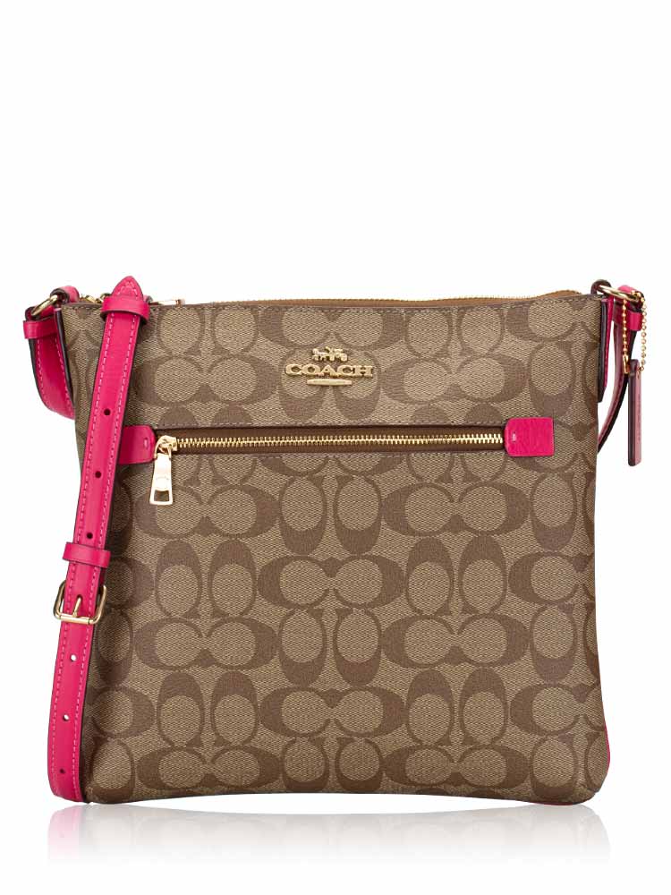 C1554 Signature Rowan File Crossbody Bag Khaki Bold Pink