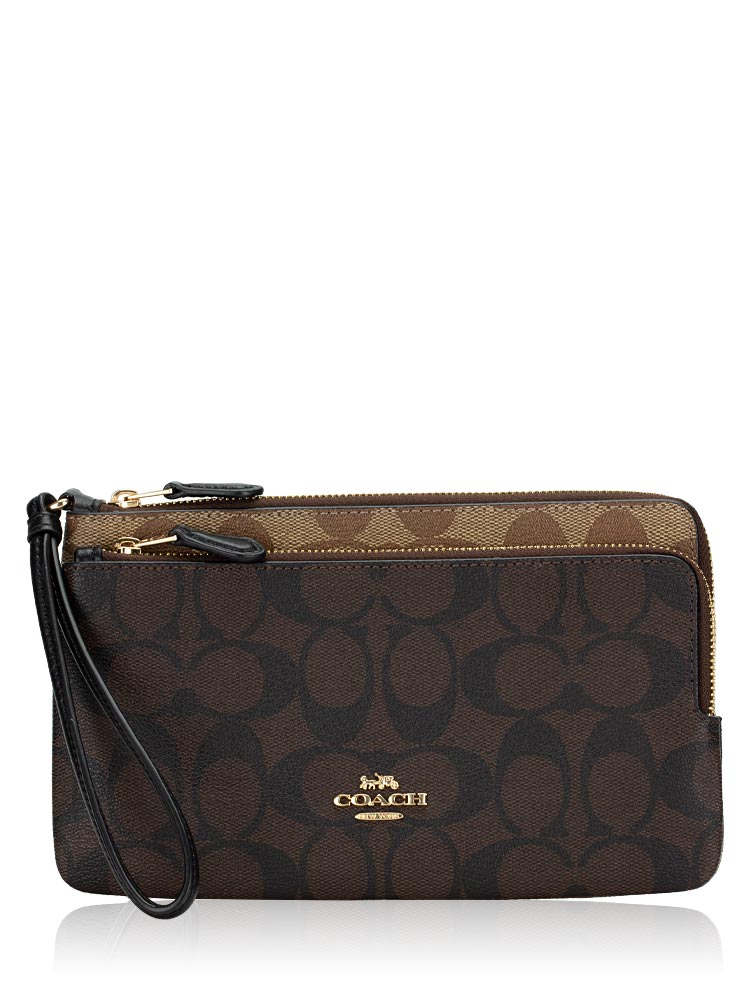 C7313 Signature Blocked Double Zip Wallet Khaki Brown Multi