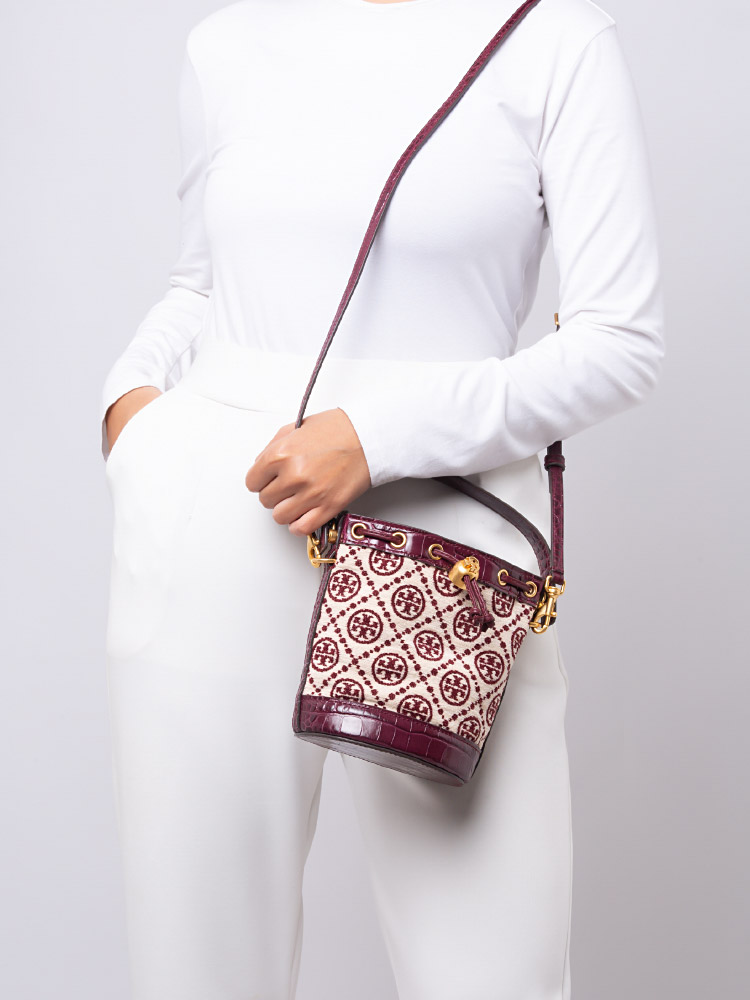 T Monogram Mini Chenille Bucket Bag Claret New Cream