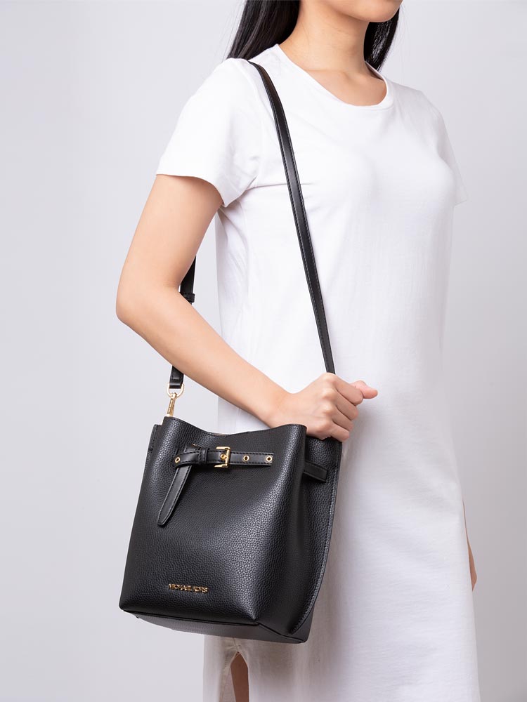 Emilia Pebbled Leather Small Bucket Bag Black