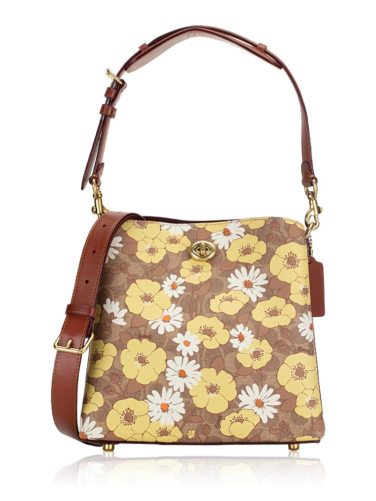 C9722 Signature Willow Floral Bucket Bag Tan Rust Multi