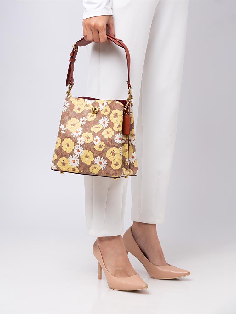 C9722 Signature Willow Floral Bucket Bag Tan Rust Multi