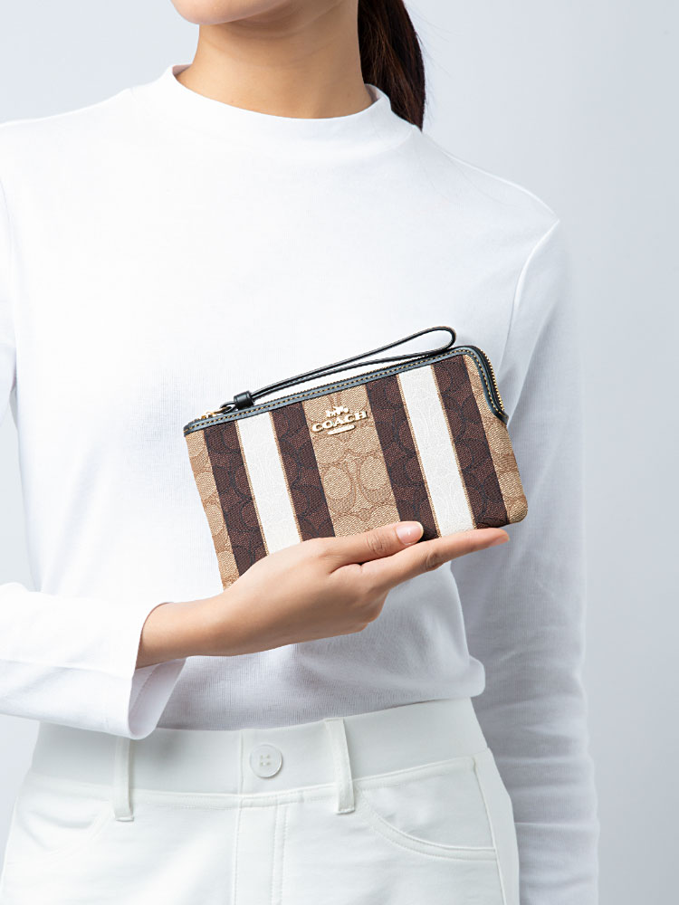 C8753 Signature Stripes Corner Zip Wristlet Khaki Black Multi