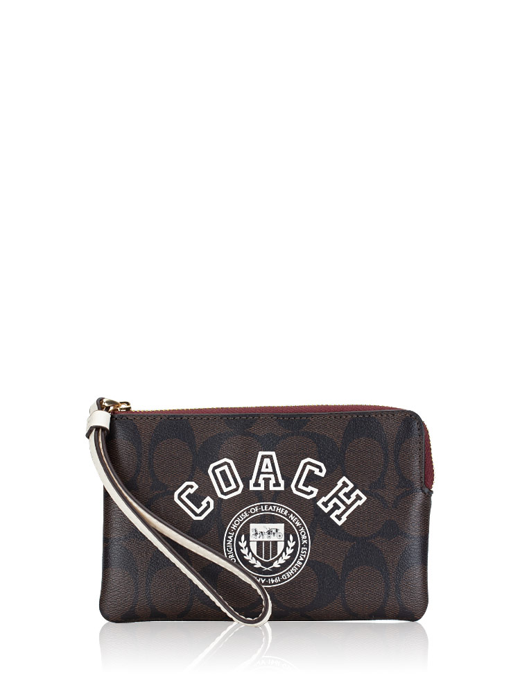 CB855 Signature Varsity Motif Corner Zip Wristlet Brown Chalk Multi