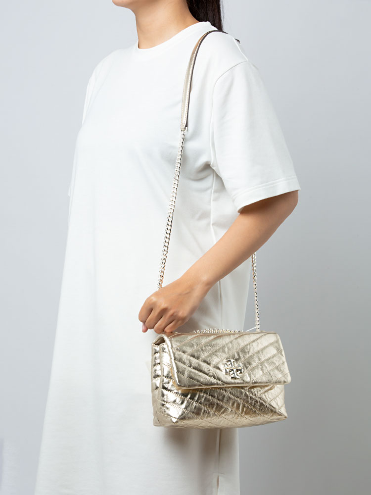 Kira Chevron Metallic Small Convertible Shoulder Bag Gold