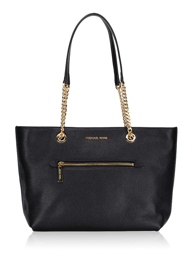 Jet Set Item Medium Leather Front Zip Chain Tote Black