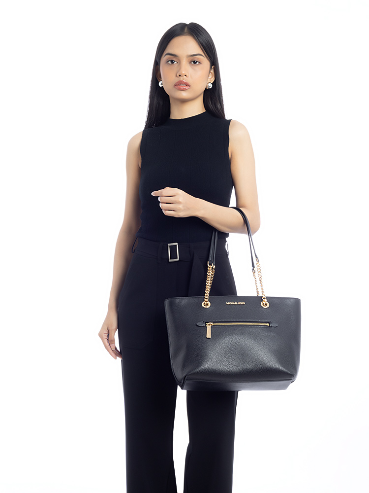 Jet Set Item Medium Leather Front Zip Chain Tote Black