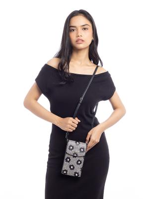Staci NS Herringbone Floral Flap Phone Crossbody Black Multi