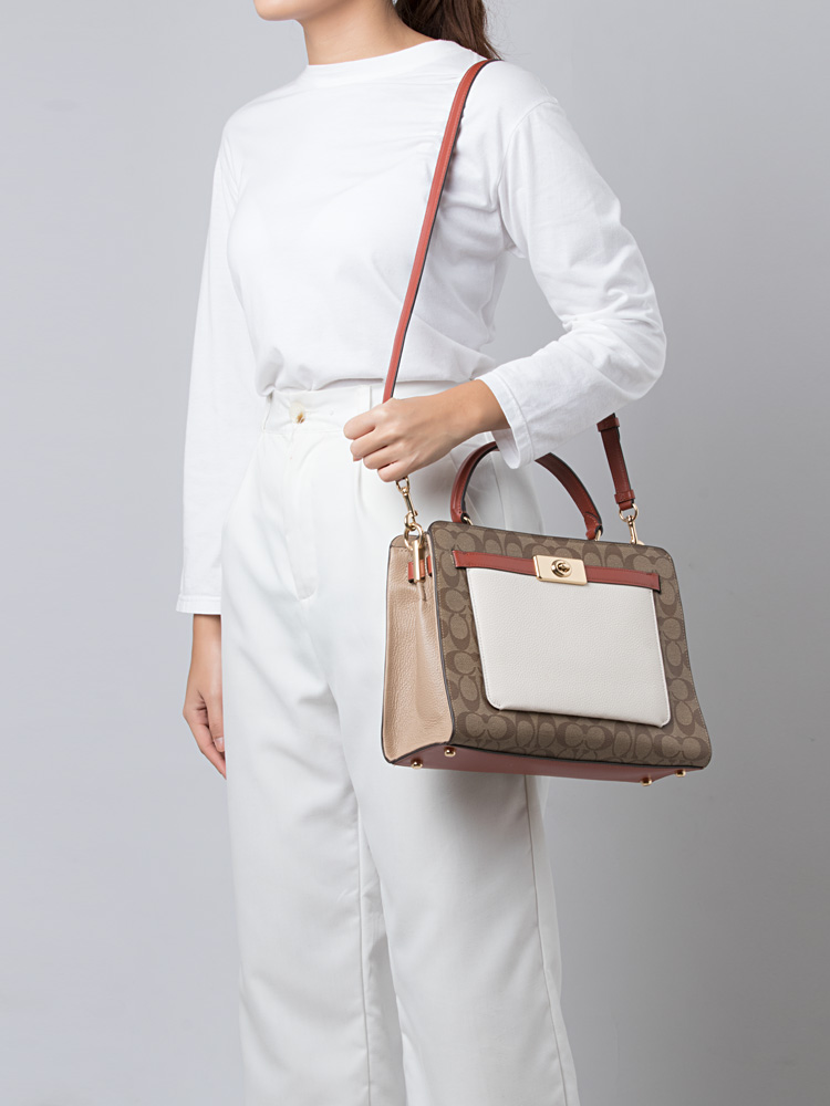 C8208 Signature Lane Carryall Colorblock Satchel Bag Khaki Chalk Multi
