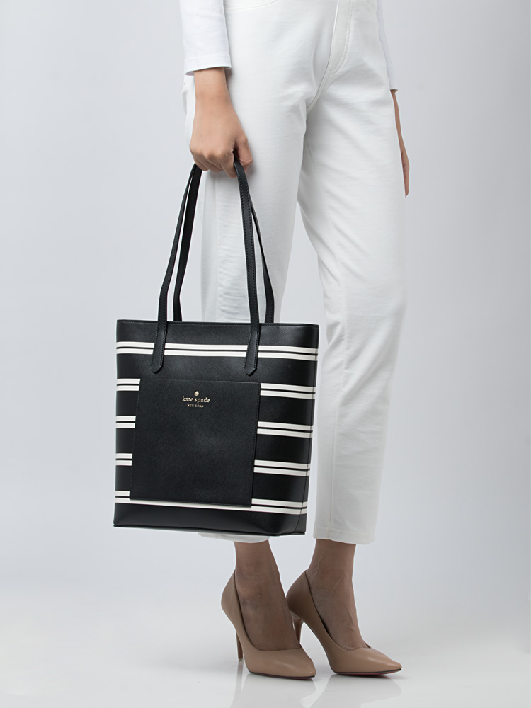 Crisp Stripe Print Daily Tote Black Multi