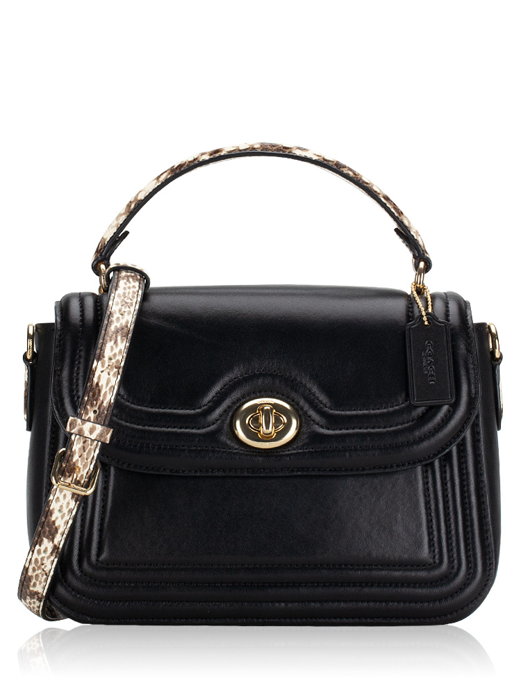 C7236 Marlie Snake Embossed Border Quilting Top Handle Satchel Black