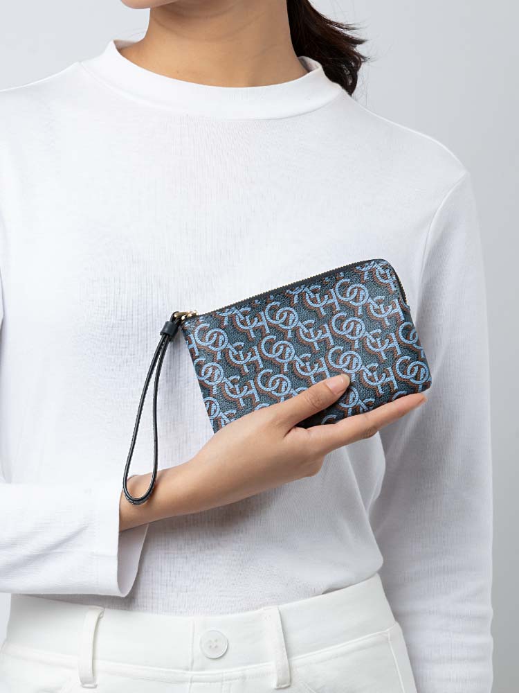 CF548 Monogram Print Corner Zip Wristlet Navy