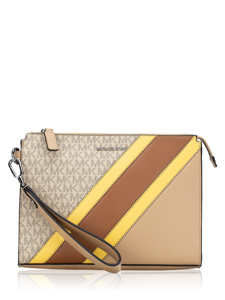 Signature Cooper Stripe and Faux Leather Large Wristlet Yellow