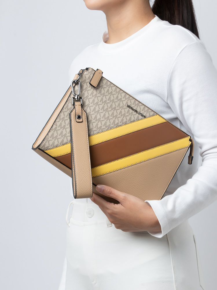 Signature Cooper Stripe and Faux Leather Large Wristlet Yellow