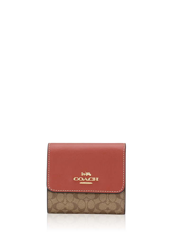 CF369 Signature Colorblock Small Trifold Wallet Khaki Terracotta
