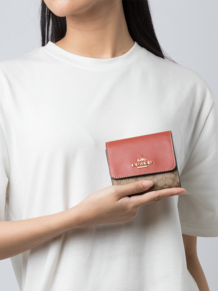 CF369 Signature Colorblock Small Trifold Wallet Khaki Terracotta