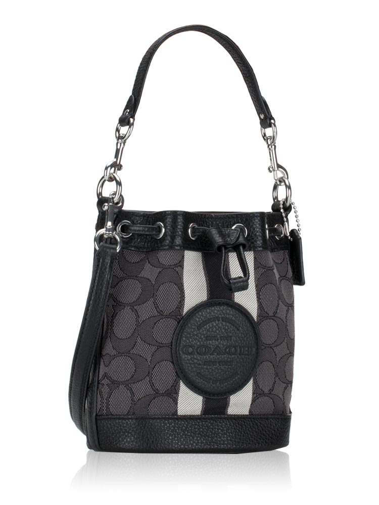 C8322 Signature Jacquard Stripe Patch Mini Dempsey Bucket Bag Black Smoke Multi