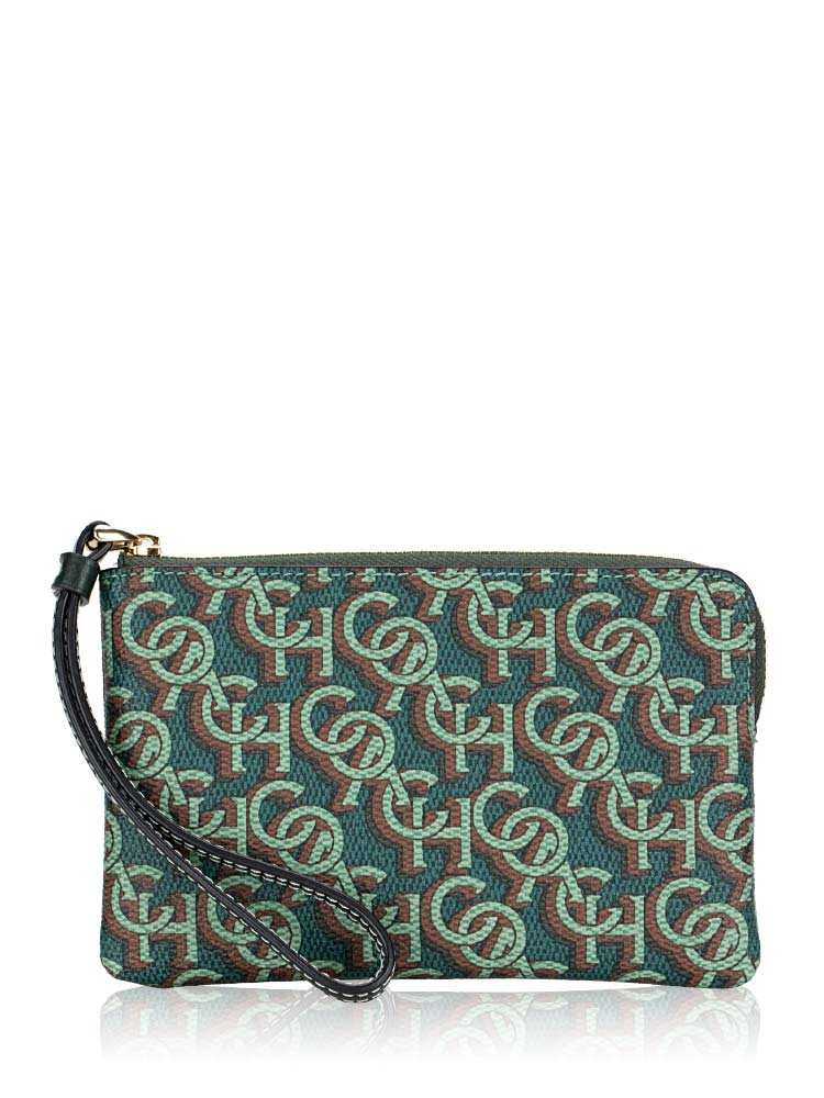 CF548 Monogram Print Corner Zip Wristlet Green