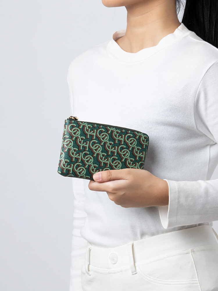 CF548 Monogram Print Corner Zip Wristlet Green