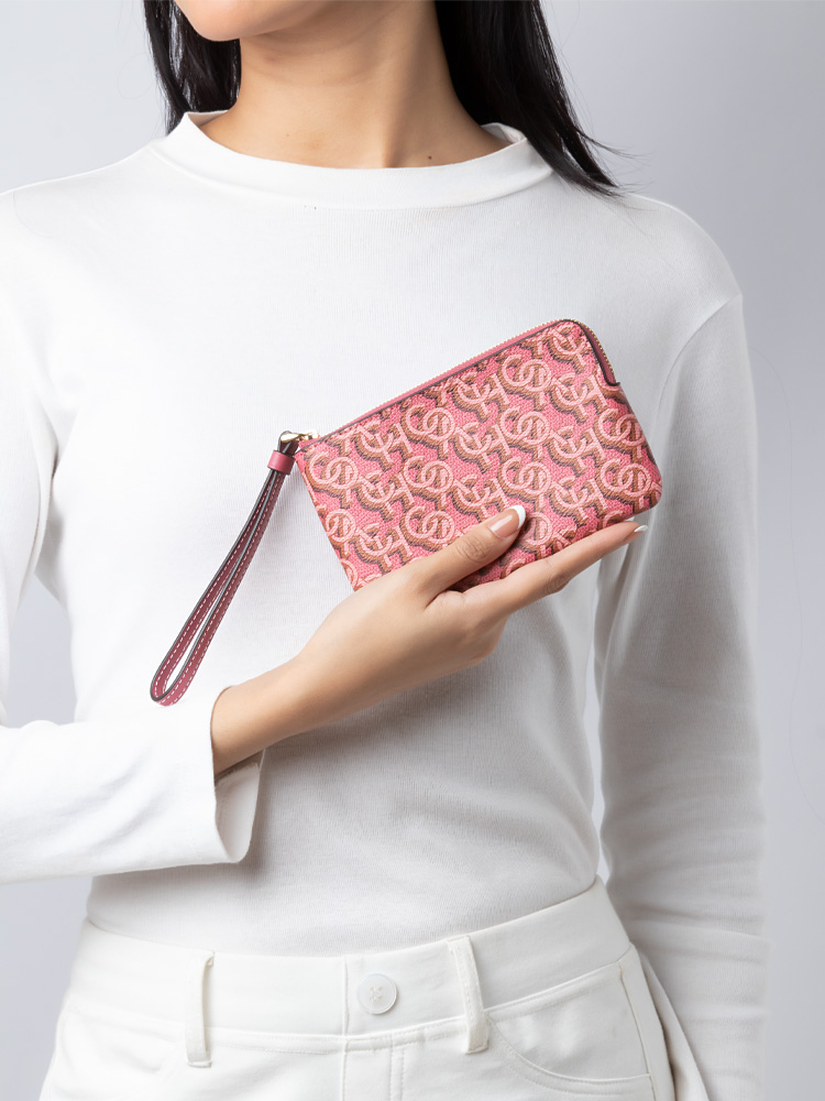 CF548 Monogram Print Corner Zip Wristlet Rouge