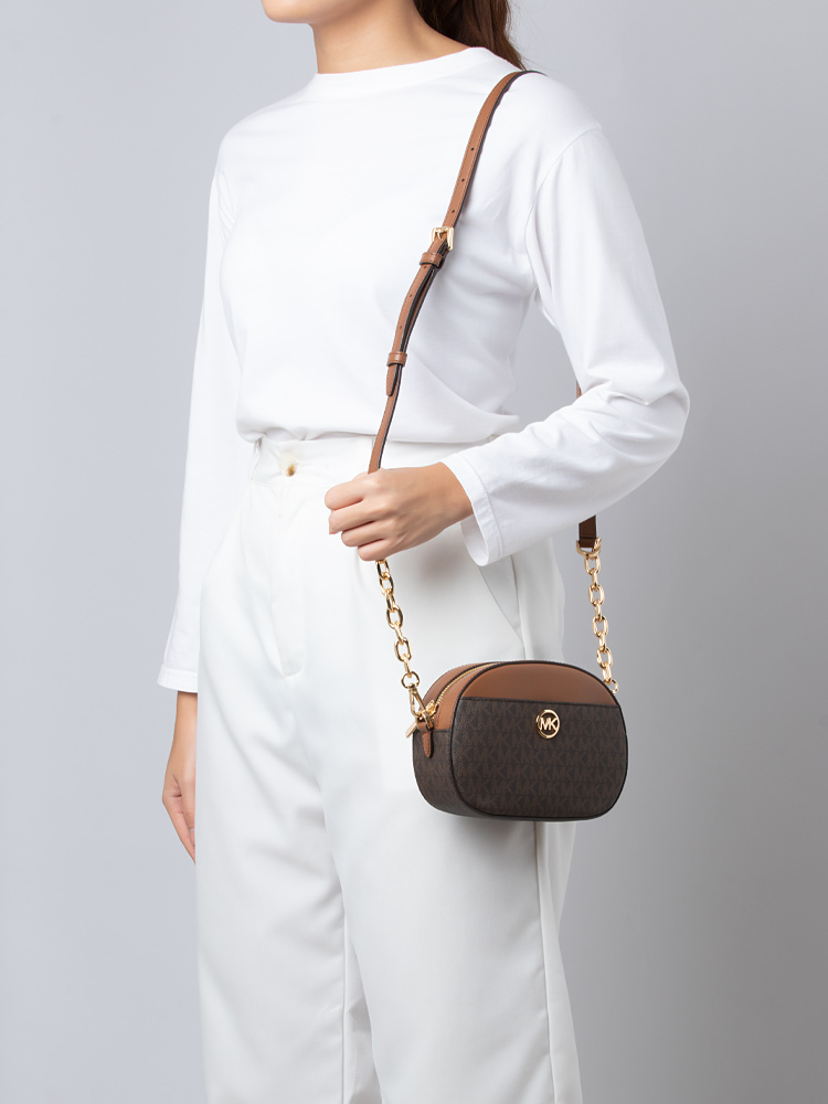 Jet Set Glam Signature Small Front Pocket Oval Crossbody Brown