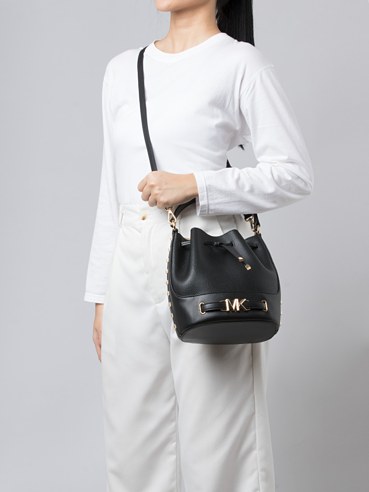 Reed Medium Studded Leather Bucket Bag Black