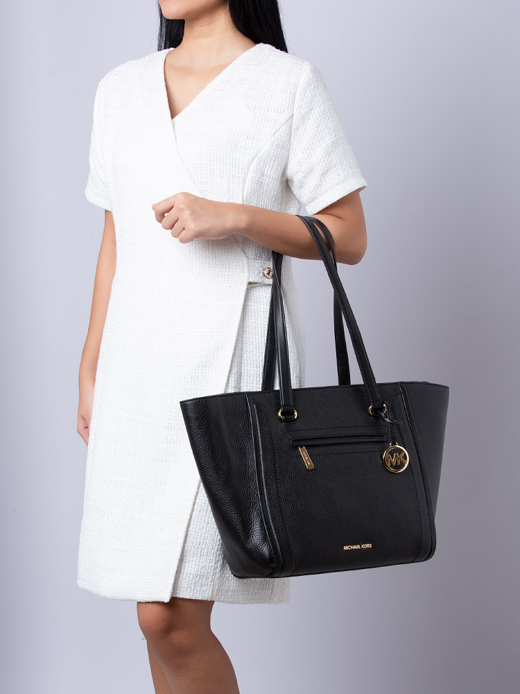 Carine Front Zip Leather Large Tote Black