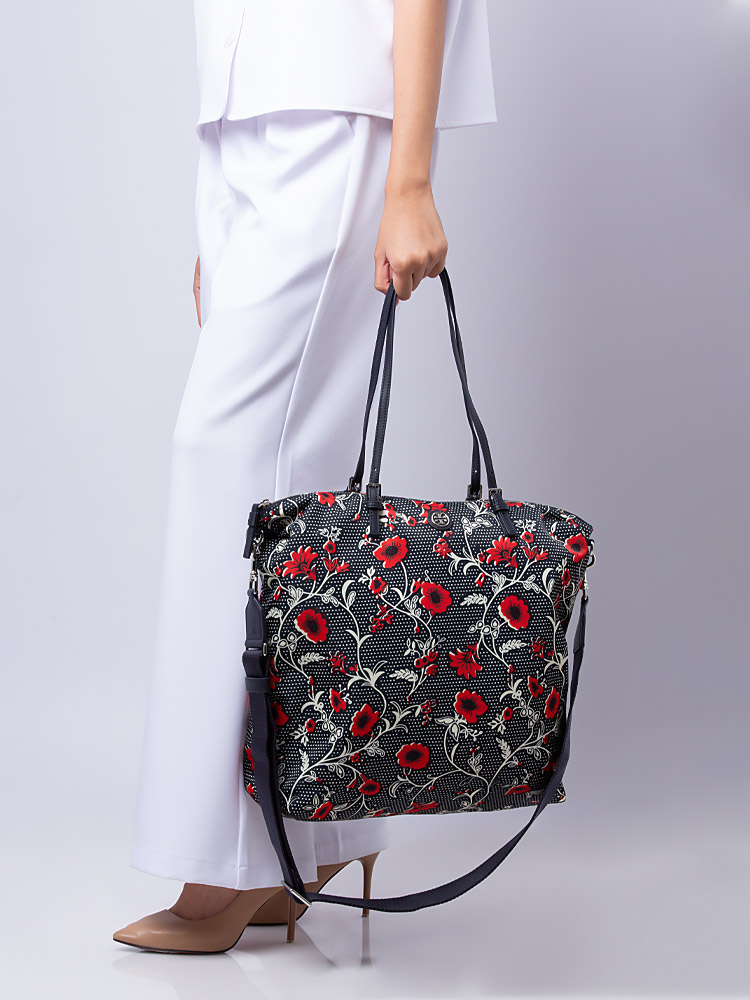 Virginia Printed Nylon Tote Red Retro Block Floral