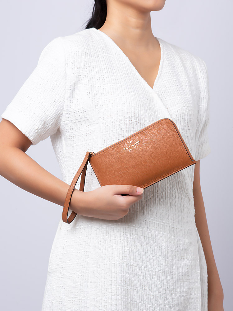 Lucy Pebble Leather Medium L-Zip Wristlet Warm Ginger
