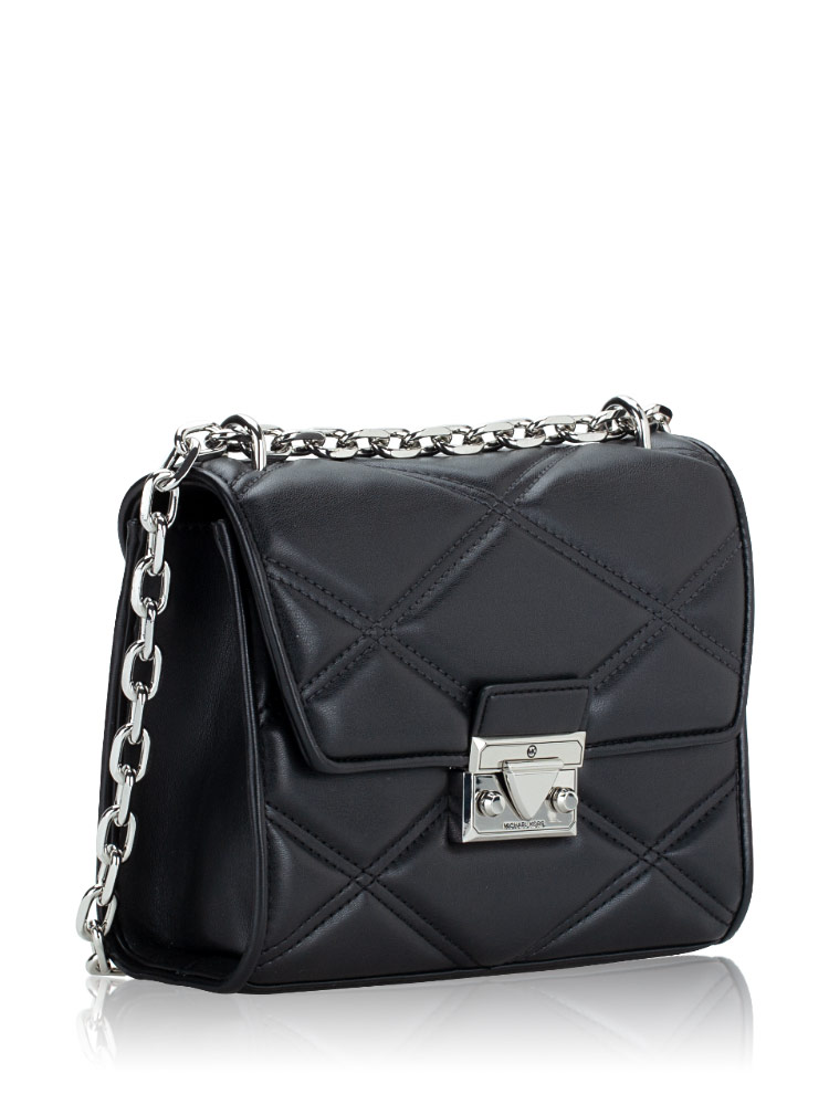 Serena Quilted Medium Shoulder Bag Black Silver