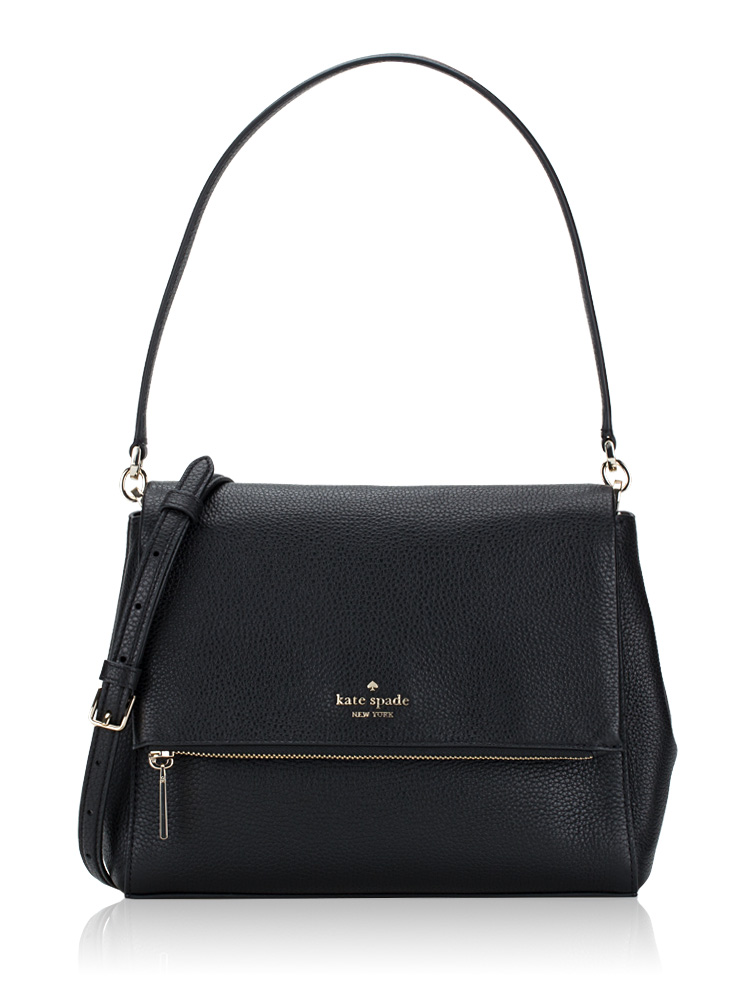 Leila Pebbled Leather Medium Flap Shoulder Bag Black Gold