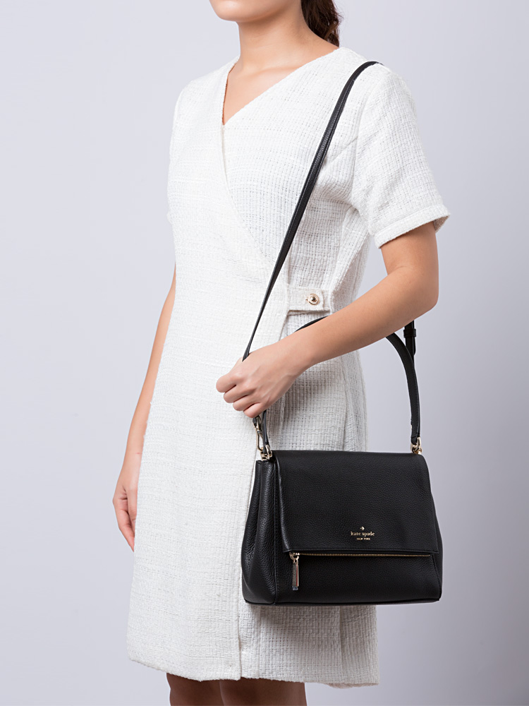 Leila Pebbled Leather Medium Flap Shoulder Bag Black Gold