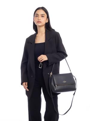 Leila Pebbled Leather Medium Flap Shoulder Bag Black Gold