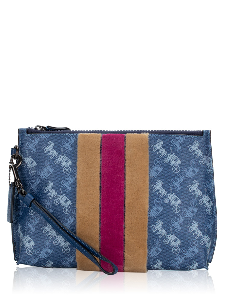 86113 Signature Charlie Horse Carriage Varsity Strip Pouch Wristlet True Blue
