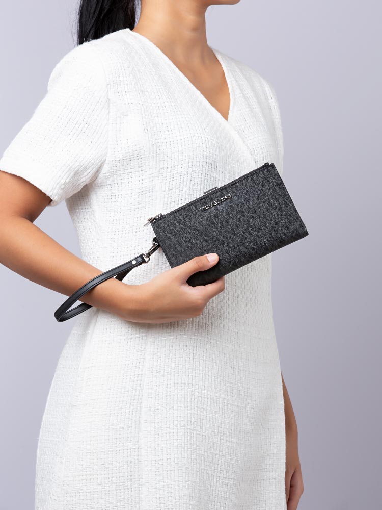 Jet Set Monogram Double Zip Wristlet Black Silver