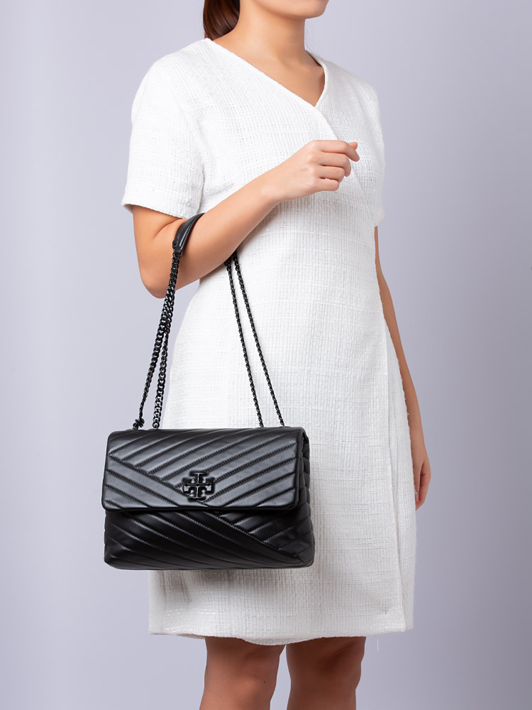Kira Chevron Powder Coated Convertible Shoulder Bag Black Silver