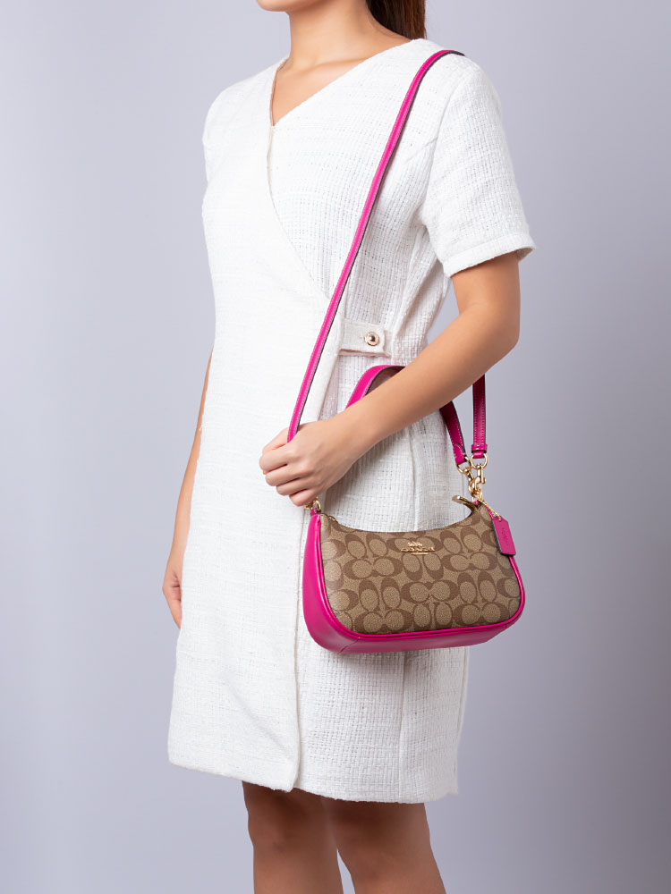 CM714 Signature Canvas Teri Shoulder Bag Khaki Cerise