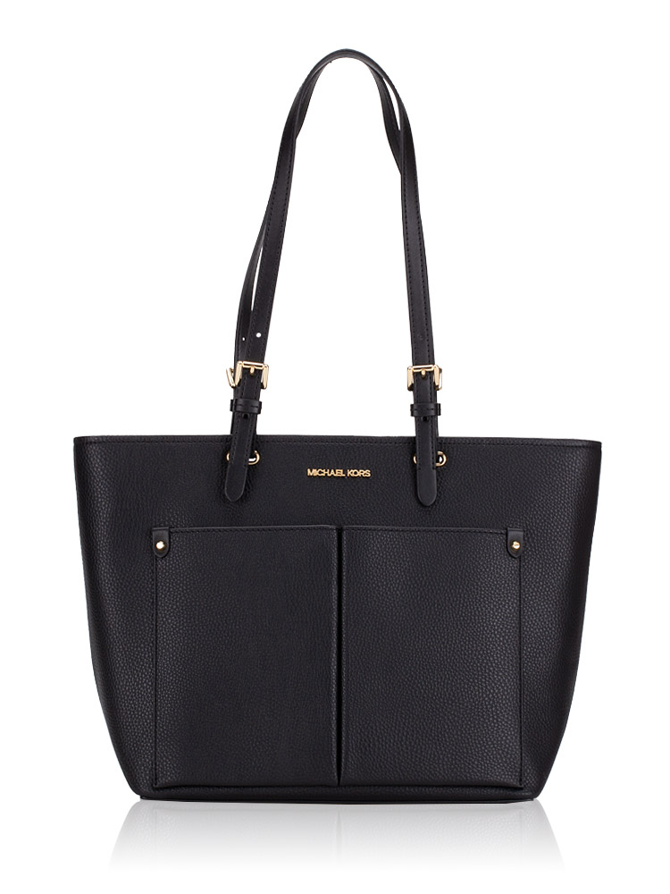 Jet Set Travel Leather Medium Double Pocket Tote Black Gold