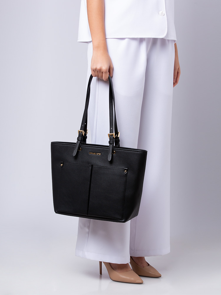 Jet Set Travel Leather Medium Double Pocket Tote Black Gold