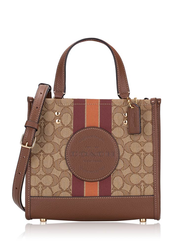 C8417 Signature Jacquard Stripe Dempsey Tote 22 Khaki Saddle Multi