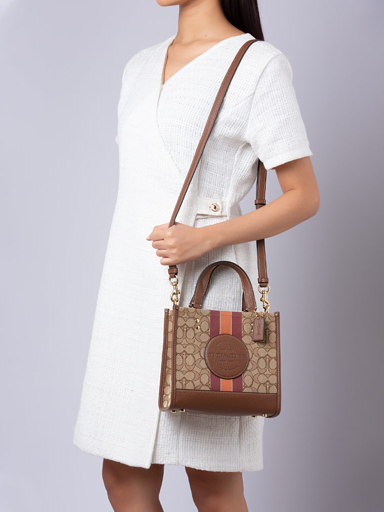 C8417 Signature Jacquard Stripe Dempsey Tote 22 Khaki Saddle Multi