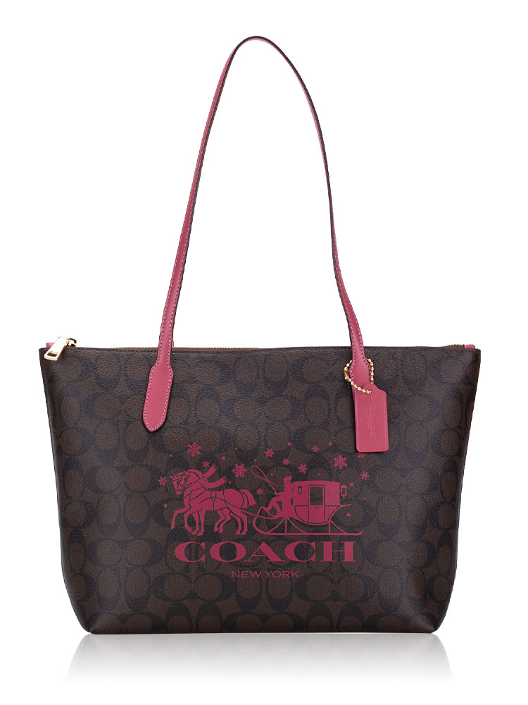 CN626 Signature Horse And Sleigh Zip Top Tote Brown Rouge