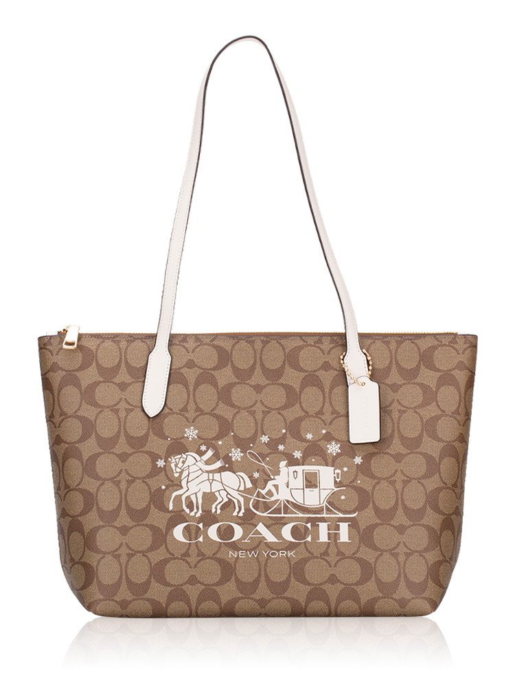 CN626 Signature Horse And Sleigh Zip Top Tote Khaki Chalk