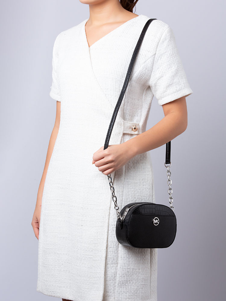 Jet Set Glam Leather Small Front Pocket Oval Crossbody Black